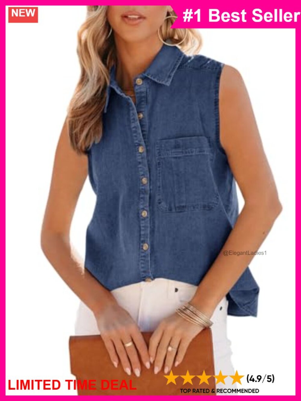 100% Cotton Denim V Neck Button Down Collared Sleeveless Tank Top